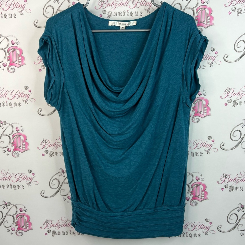 Studio m tshirt rutched draping draped blue Teal Drape Neck Women's Top